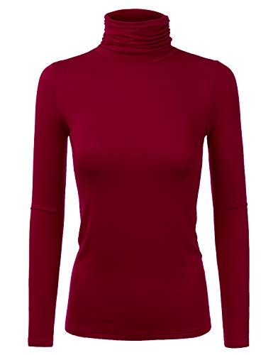 Doublju Soft Knit Turtleneck T-Shirt Top with Shirring Detail for Women with Plus Size Wine Medium