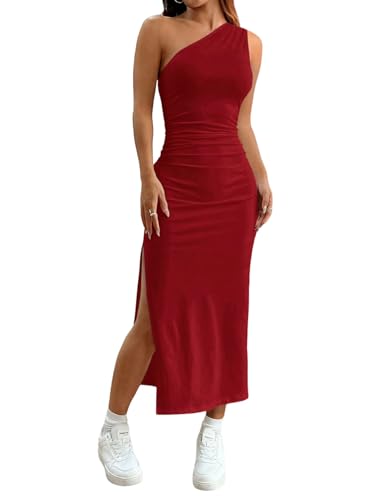 SweatyRocks Damen Ärmelloses Kleid Casaul Midikleid Asymmetrischem Ausschnitt Kleid Bodycon Freizeitkleid Sommerkleid mit Schlitz Bordeaux M