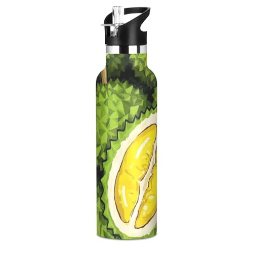 Linda botella de agua con aislamiento térmico de frutas de dibujos animados Durian a prueba de fugas y sin BPA, con pajilla, aislamiento de doble pared para niños y niñas, termo de agua para hombre