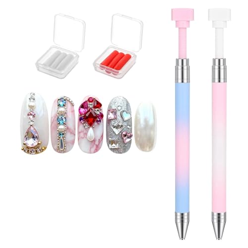 2 PCS Rhinestone Picker Tool Diamond Art, Refillable Wax Pen with 6 Wax Refills, Nail Diamond Art Painting Dotting Pen for Nails Rhinestone Pickup (Pink Blue Gradient)