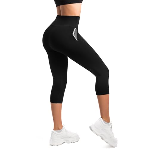 SINOPHANT Leggings de cintura alta para mujer, 3/4, opacos, elásticos, con bolsillos, Negro , XXL