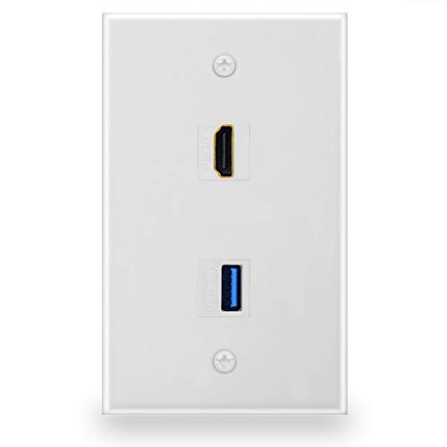 BATIGE HDMI and USB 3.0 Keystone Wall Plate Single Gang USB 3.0 HDMI Wall Outlet Mount Socket Face Plate Cover - White