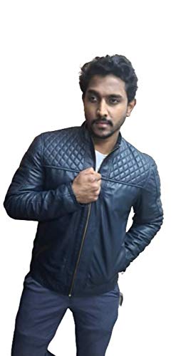 BDA Mens Leather Jacket Navy Blue Quilted (UK EXTRA LARGE)