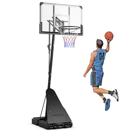 GYMAX Panier de Basketball Extérieur et Intérieur Mobile, Hauteur Ajustable 150-305cm sur 10 Niveaux, Base Remplissable d'eau et de Sable, Structure Stable Triangulaire, pour Enfants et Adultes