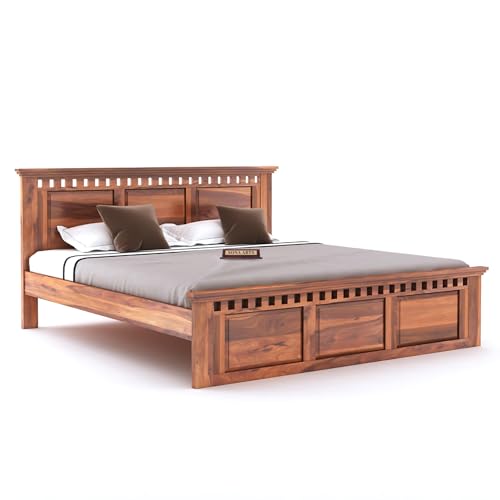 Image of SONA ART & CRAFTS Kuber Solid Sheesham Wood Bedroom Set | Queen Size Bed Without Storage, Wardrobe & Two Bedside Tables - Natural Finish (Assembly Included)