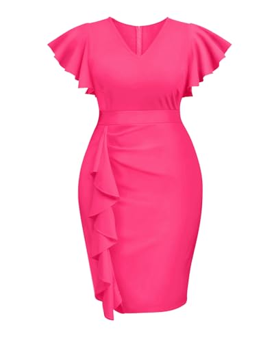 Image of Pinup Fashion Plus Cocktail Wedding Guest Church Work Bodycon Knee Dress | Knit fabric, v-neck, short ruffle sleeves, ruched design, pencil silhouette, knee length, wedding guest, church, cocktail