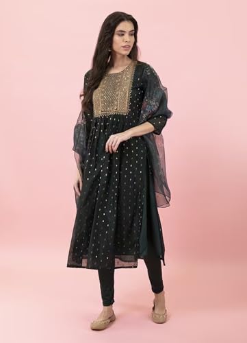 Image of Women's Chanderi Kurta with Legging and Dupatta | Modern & Traditional Blend Ethnic Wear Set | Festive & Casual Summer Kurti with Pants for Party Office & Ethnic Occasions
