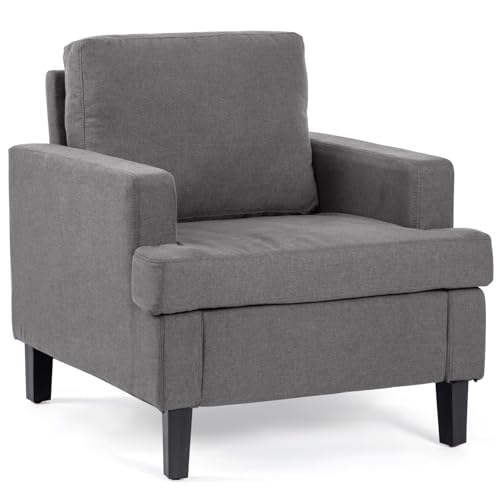 FERLAXY Mid-Century Accent Chair, Comfy Linen Fabric Armchair with Thick Cushion, Modern Upholstered Single Sofa Chair, Living Room Side Chair for Small Space, Dark Grey