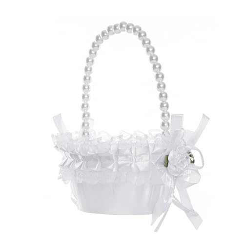 Wedding Flower Girl Basket with Pearl Handle,Satin Flower Storage Basket for Wedding Home Garden Decor (5835 Small, 1)