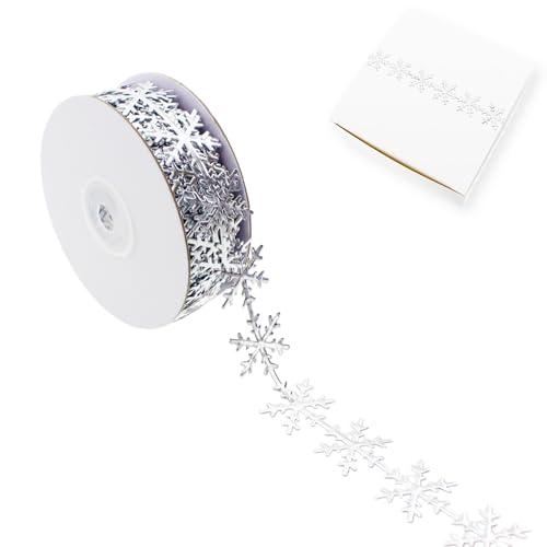 Vignor Snowflake Ribbon Roll Fabric Lace Sewing String Trim Rope for Christmas Gift Wrapping Making Supplies Winter Decorations DIY Crafts (22 Yards Silver)