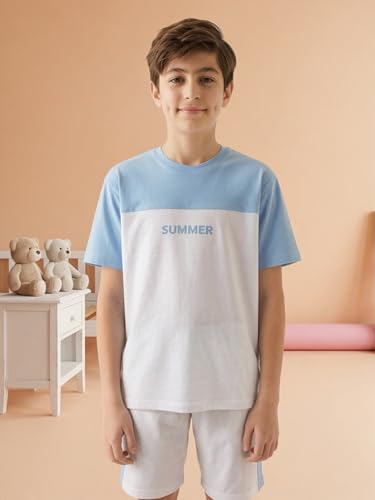 Image of Li'l Tomatoes Boys 100% Cotton Night Suit Set | Half Sleeve T-Shirt & Shorts | Color Block & Typography Print | Soft & Breathable Sleepwear | Casual Summer Wear | 9-16 Years