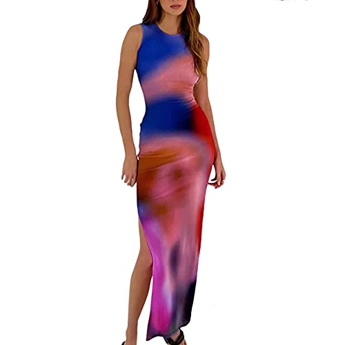 Image of Suillty Women Y2k Tie Dye Tank Dress Sleeveless Bodycon Long Dresses Printed Slim Fit Summer Maxi Dress Sundress