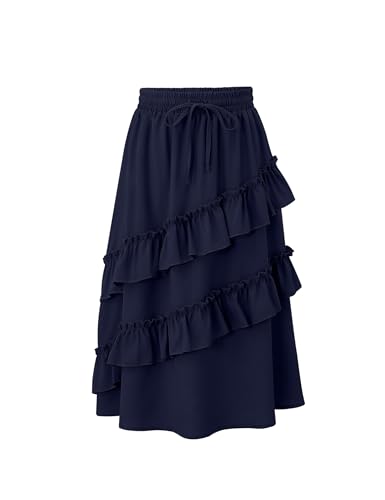 Image of Girls High Waisted Ruffle Maxi Skirt Soft Cotton Long Skirts with Elastic Waistband for Kid Girl 3-12 Years