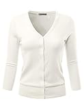 EIMIN Women's 3/4 Sleeve V-Neck Button Down Stretch Knit Cardigan Sweater Ivory M