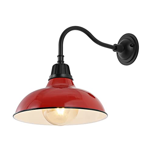 Image of JONATHAN Y 12.25 inch Red /Black Farmhouse Industrial Outdoor Sconce, LED Gooseneck Wall Light for Porch, Metal Bowl Shade, Dimmable Vintage Exterior Fixture, LED Bulb Included (JYL7613E)