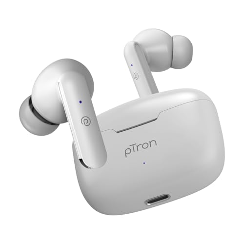 Image of pTron Basspods P81 in-Ear Wireless Earbuds, Pristine Sound, 32Hrs Playtime, Clear Calls TWS Earbuds, Bluetooth V5.1 Headphone, Type-C Fast Charging, Voice Assist & IPX4 Water Resistant (White)