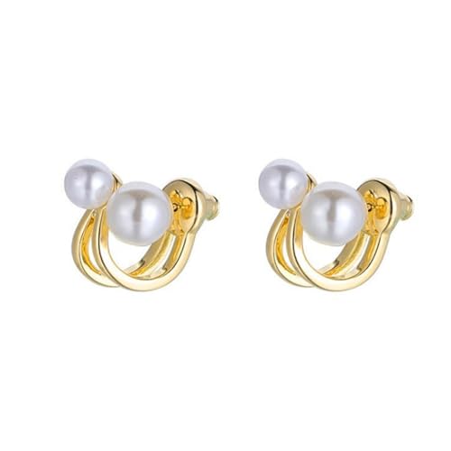 2-in-1 Gold Asymmetric C-Shape Pearl Earrings for Women, Vintage Lightweight Convertible Stud Earrings for Daily Work Office, Premium KC Gold Plated Alloy Jewelry Gift Set