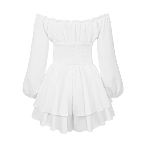 Aopwsrlyi Women's Off Shoulder Ruffle Dress Puff Long Sleeve White Romper Dress Flowy Layered A-Line Puffy Mini Dress2