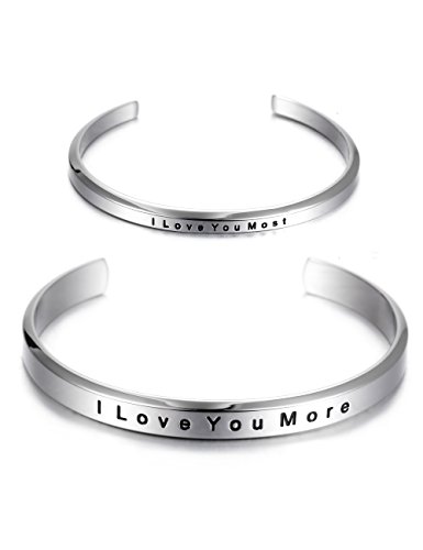 WISTIC Couples Lovers Sweetheart Open Simple Adjustable Cuff Bracelets Declaration of Love Oath Promise Polished Chunky Bracelet Stainless Steel Gold Rose Gold Silver Plated Bangle for Women and Men (I Love You Most & I Love You More)