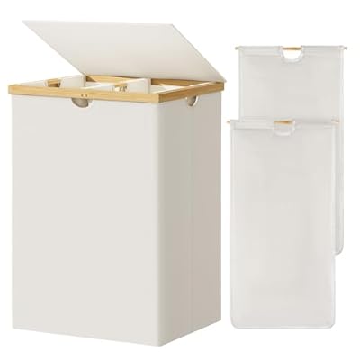 WOWLIVE 165L Double Laundry Hamper with Lid Bamboo Laundry Basket 2 Section,Large Dirty Clothes Hamper with Removable Bags, Laundry Bin Organizer Storage for Dorm,Bedroom,Bathroom,Beige