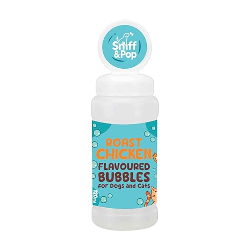 Sniff & Pop Dog Bubbles Flavoured Roast Chicken Pet Safe Non-Toxic Bubble Solution for Dogs & Cats Interactive Bubble Toy with Wand Enrichment & Play Toy for Puppies Dogs & Cats 120ml