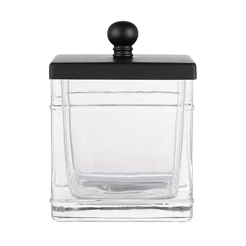 Indecor Home Clear Transparent Hotel Style Apothecary Tempered Glass Canister Jar W/ Matte Black Metal Lid Cover, Classic Countertop Organizer for Cotton balls/pads, Floss Picks, Makeup Storage