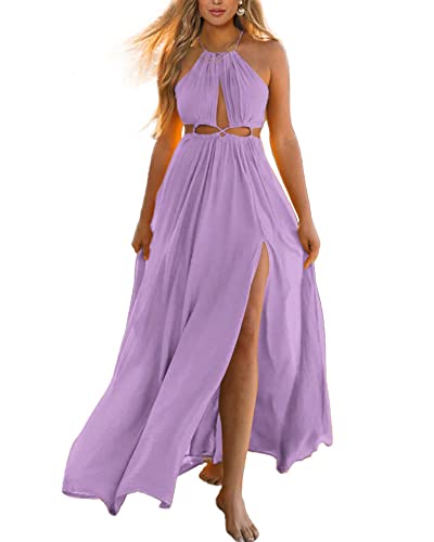 Btfbm Women 2023 Summer Sleeveless Cutout Halter Maxi Dress Backless Boho Casual Beach Party Cocktail Slit Sun Dresses(Solid Purple, Large) #TOP6