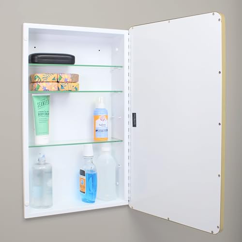 Image of 16x26 Austin Farmhouse Metal Framed Rounded Rectangle Recessed Bathroom Medicine Cabinet, Beveled Mirror, 14x24 in-Wall Opening, powder-coated Steel, Adjustable Glass Shelves, Magnet Close, Gold