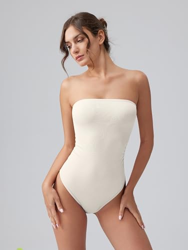 Image of OQQ Womens Tube Bodysuits Strapless Basic Sleeveless Ruched Stretch Classic-Fit Tops Sexy Bodysuits