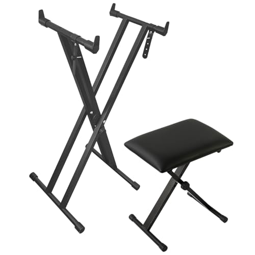 【Version améliorée】Longeye Support de Clavier Piano et Tabouret - Stand X Double Réglable, Banc Piano, Pliable, Compatible 61/76/88 Touches, Noir