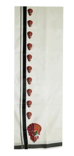 Image of Mens Print along with Border 100% Cotton Cream Dhoti 4.00 Meters Double Mundu /Vesti