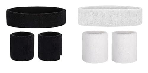 Care N Touch Men,Women Cotton Sports wear Wrist Band & Head Band Color BLACK + WHITE (SET of 6)