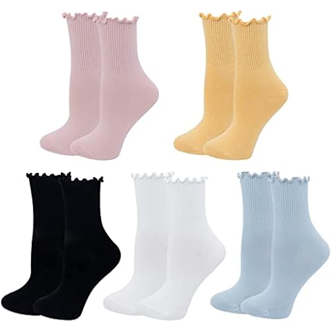 Bellady Cute Ruffle Socks for Women, Funny Cotton Crew Socks, Frilly Ankle Socks Women 5 Pairs, Multicolored, One Size Cover