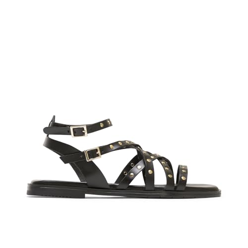 Porronet Sandalia Plana Romana De Piel Tachuelas Negro Verna