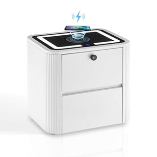LEMROE White Smart Bedside Table with Wireless Charging, Drawers and Fingerprint Lock, Unique Nightstand Stable Storage Cabinet Unit 40 Wide Bedroom Living Room Furniture Easy Assembly