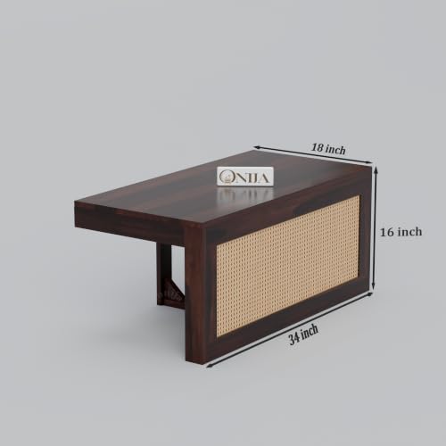 Image of ONIJA Solid Sheesham Wood Center Coffee Table with 2 Stools for Living Room Outdoor | Rosewood Centre Teapoy Tea Table with Stool for Home Office (Walnut Finish)