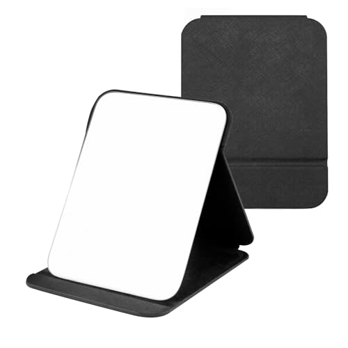 Reisespiegel Klappbar,Klein Klappbar Make-up,Kompakter Camping Spiegel,Klein Schwarz PU-Leder Reisespiegel,Tragbar Klappbar Schminkspiege,für Tischplatte,Handheld,Zuhause, Reisenutzung(Schwarz)