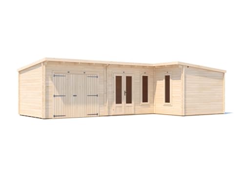 Image of Dunster House L-Shaped Log Cabin, Pent Roof, 45mm Walls, 24mm Double Glazed Windows, W9m x D5m / W29' x D16'6", Garden Office Shed, HellWolf