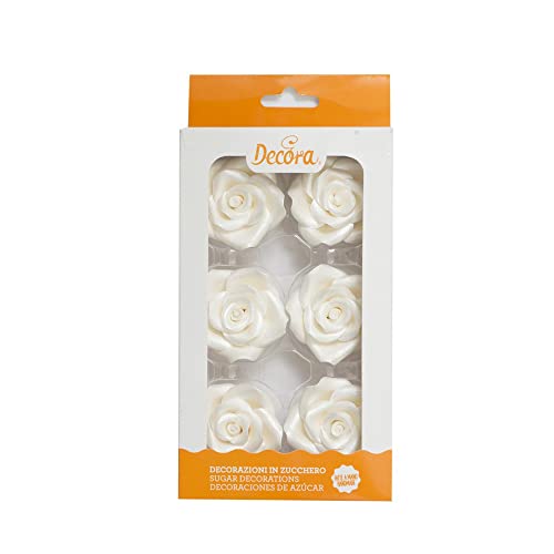 Decora 0500360 Rosas grandes de azúcar, 5 cm, blancas, Hechas a mano con colorantes de extracción natural, Empaquetadas en blister, Ideales para decorar pasteles y dulces, Paquete de 6 unidades