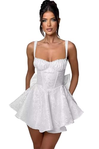 TORYEMY Satin Short Homecoming Dresses with Bow A Line Spaghetti Straps Jacquard Cocktail Party Dresses for Teens