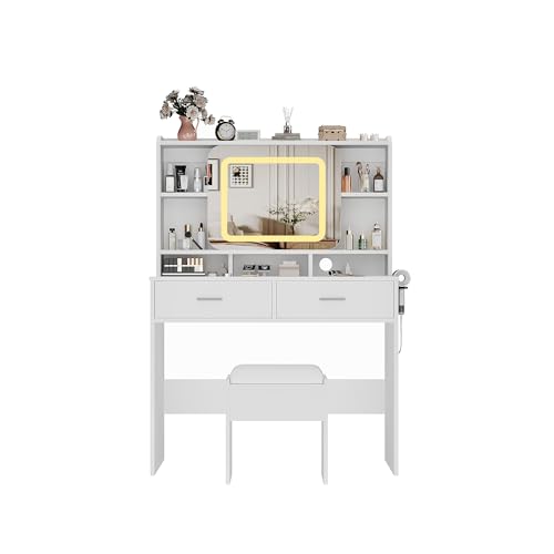 Image of Vanity Desk with Sliding Mirror, Modern Makeup Vanity with Charging Station, 2 Drawer and Soft Cushioned Stool, 3 Lighting Modes Adjustable Dressing Table for Bedroom, Makeup Studio, White