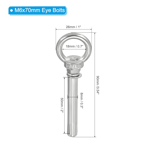Image of PATIKIL Expansion Eye Bolt M6x70mm, 4 Pack 304 Stainless Steel Shoulder Anchors Eyebolt Screw with Eye Ring for Concrete Brick Walls Canopy Engineering Rigging Silver