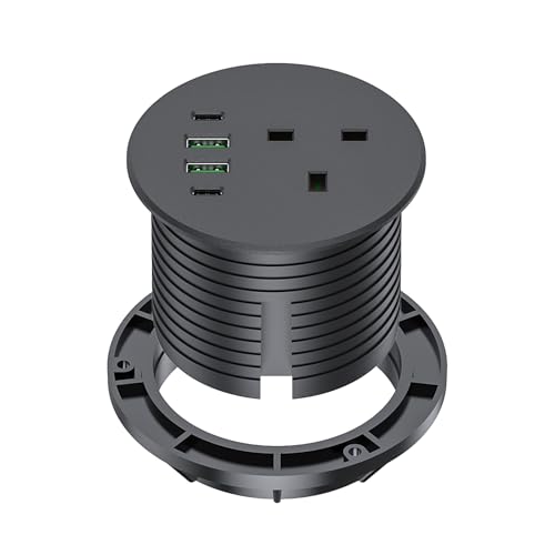 Haiaoyyds - Arandela de alimentación de escritorio con USB C de 65 W, orificio de 80 mm, con 1 enchufe británico, 4 puertos USB, cable de 2 m, enchufe empotrado para oficina en casa, color negro