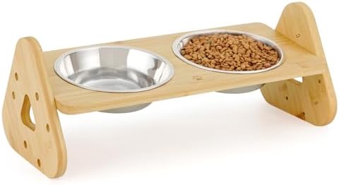 Sunhoo Elevated Cat Food Bowl Raised Cats Water Feeding Bowls Tilted Pet Feeder Kitty Dishes Anti Vomiting 8° Inclined Double Metal Dish for Small Dog with Bamboo Stand Dia 5.5in Easy to Clean