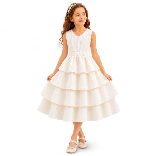 Vestido de fiesta blanco para niñas de 7 a 12 años con encaje sin mangas