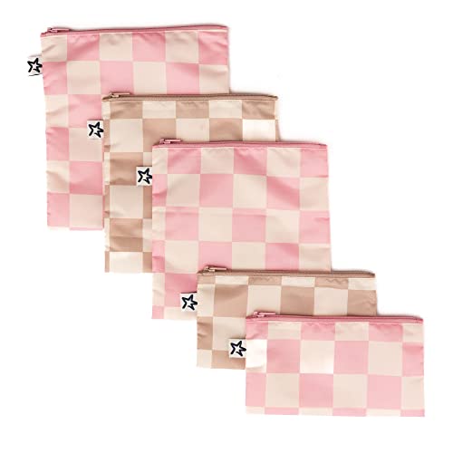 Image of Tiny Twinkle 5 Pack Reusable Snack Bags - Machine Washable, PFAS, PVC, BPA, Phthalate-Free Reusable Baby and Toddler Food Safe Snack Bags (Checkers Pink Brown)