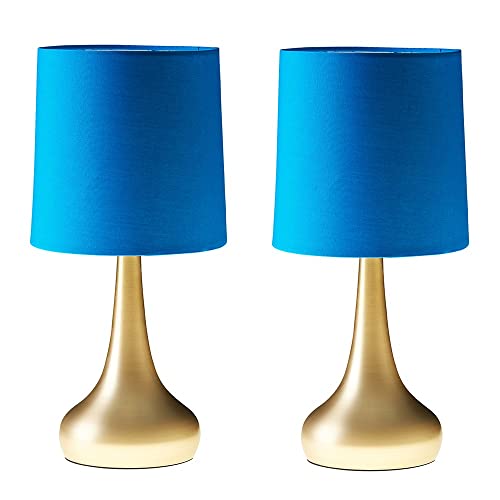 MiniSun | Modern Chrome Teardrop Touch Table Lamps with Blue Fabric Shades | Table Lamps, Home Décor & Improvement Essential | Set of 2 | Includes 5W LED Bulbs [3000K Warm White]