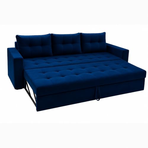 Image of FURNY Tressa 3 Seater Fabric Pull-Out Sofa Cum Bed Function (Dark Blue) | Luxury Velvet Suede Finish | Durable Comfort Sofa Bed for Modern Living Room & Office Spaces