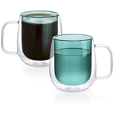 Joeyan 400ml Double Walled Glass Mugs - Set of 2 Coloured Glass Insulated Coffee Mug - Large Green Double Walled Drinking Glasses with Handle for Cappuccino, Latte, Macchiato, Milk, Tea, Juice Cover