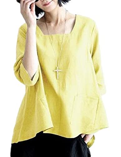 [ニブンノイチスタイル] ブラウス フレアー スクエアー ネック 無地 綿麻 5分袖 レディース (M, 黄色)